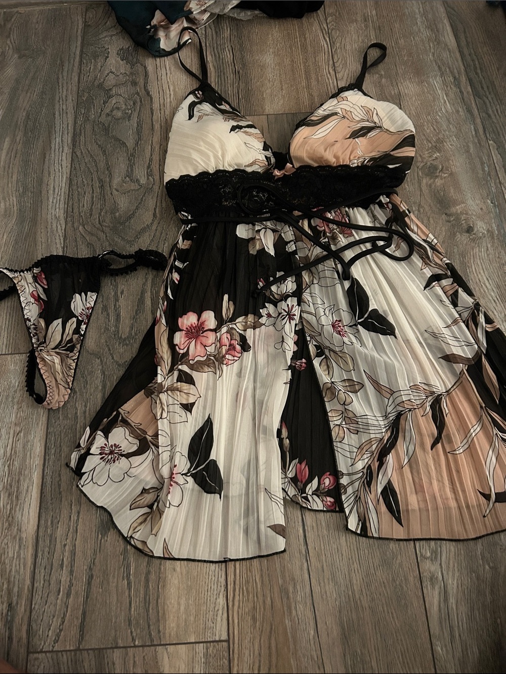 Linea Donatella Floral Pleated Mini Slip Dress - Black, Cream & Blush